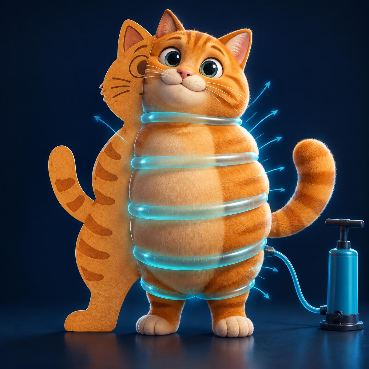 Een oranje kat wordt van plat naar driedimensionaal opgepompt